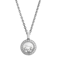 Colgante de oro blanco con círculo de diamantes y tres diamantes móviles entre dos cristales de zafiro