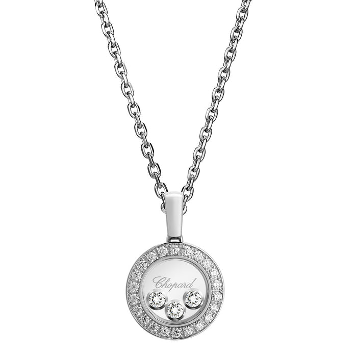 Colgante de oro blanco con círculo de diamantes y tres diamantes móviles entre dos cristales de zafiro
