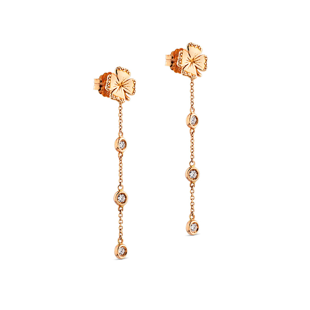 Pendientes "Clover" largos en cadena de oro rosa con diamantes