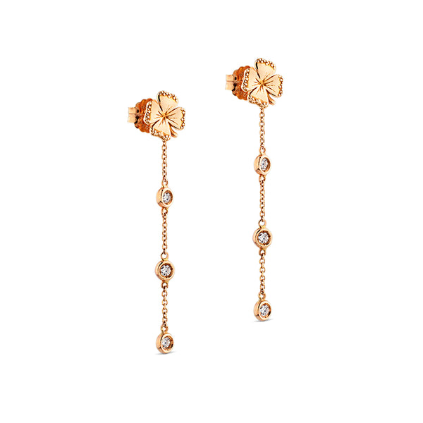 Pendientes "Clover" largos en cadena de oro rosa con diamantes