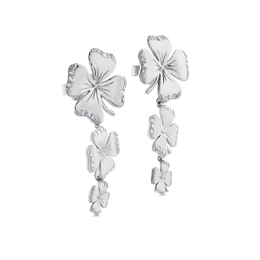 Pendientes "Clover" largos de oro blanco con diamantes