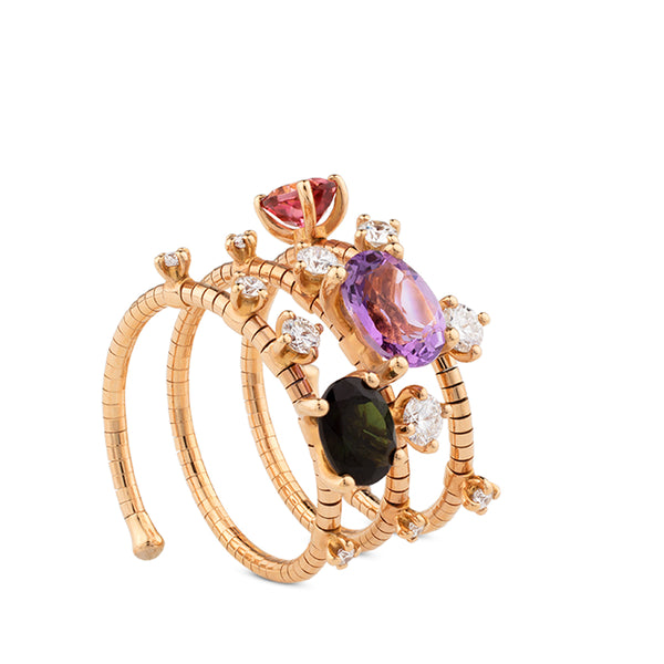 Sortija muelle tres vueltas de oro rosa con piedras de colores y diamantes