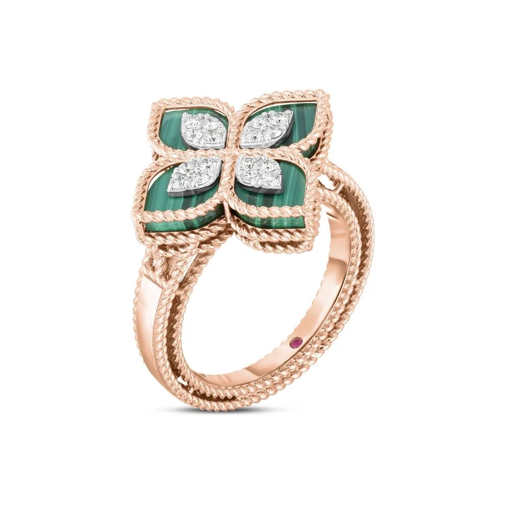Roberto Coin Anillo Oro Rosa Princess Flower con malaquita y diamantes