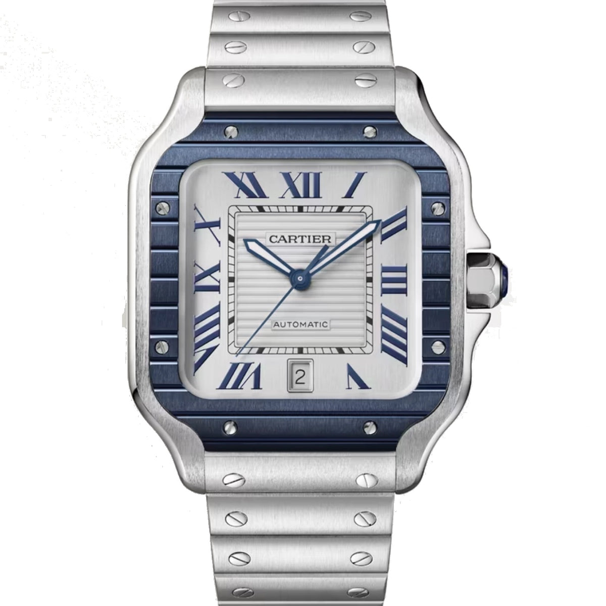 Cartier Santos Acero Bisel azul esfera blanca