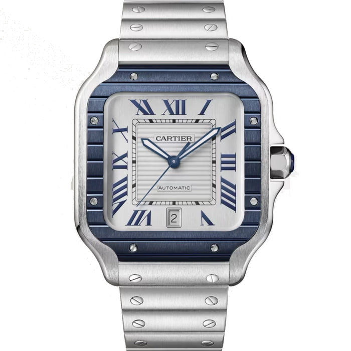 Cartier Santos Acero Bisel azul esfera blanca