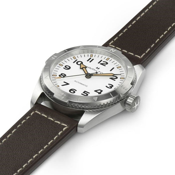 Hamilton_Khaki_Field_expedition_auto_blanco_correa_marron_37mm_vista_oblicua_h70225510