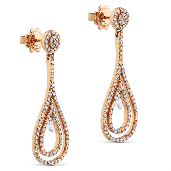 Pendientes largos de oro rosa con lagrimas de diamantes y diamante al aire