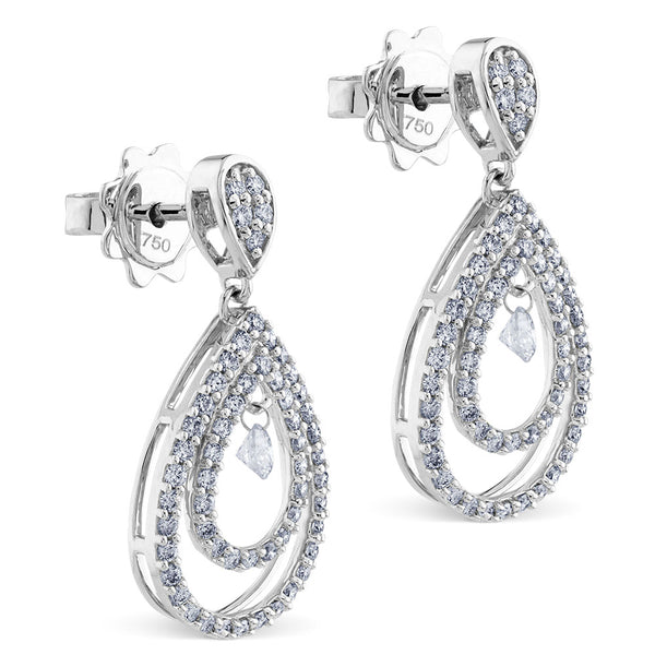 Pendientes largos de oro blanco con lagrimas de diamantes y diamante al aire