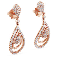 Pendientes largos de oro rosa con lágrimas uniformes de pavé de diamantes