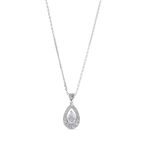 Colgante de oro blanco con diamante talla perilla y brillantes