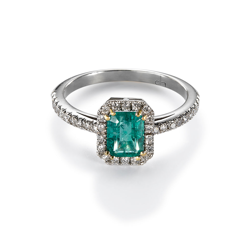 Sortija "Royal Trilogy" de oro blanco con esmeralda y diamantes