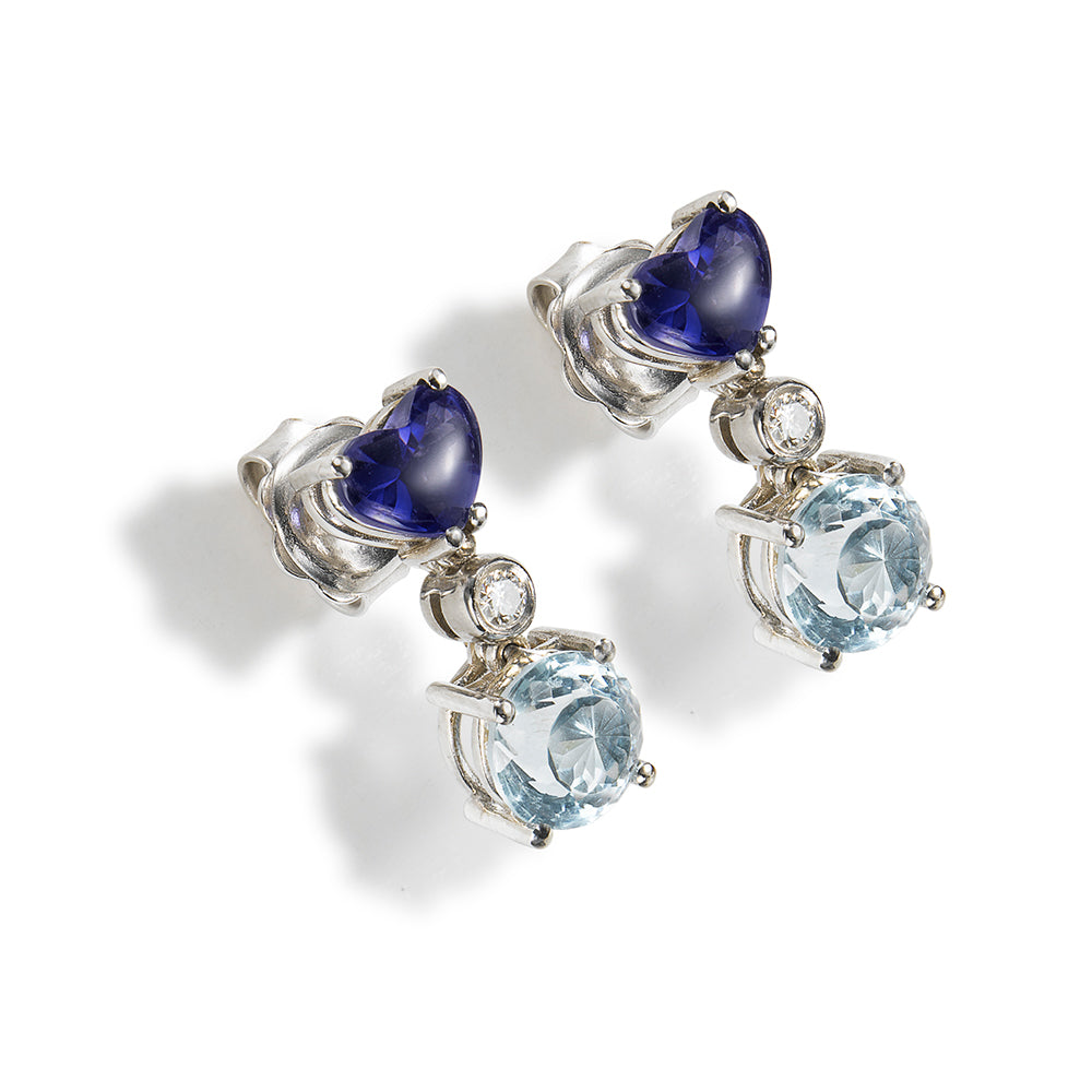 Pendientes largos de oro blanco con amatista, aguamarina y diamante