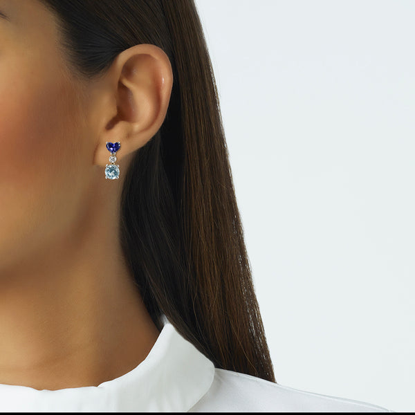 Pendientes largos de oro blanco con amatista, aguamarina y diamante
