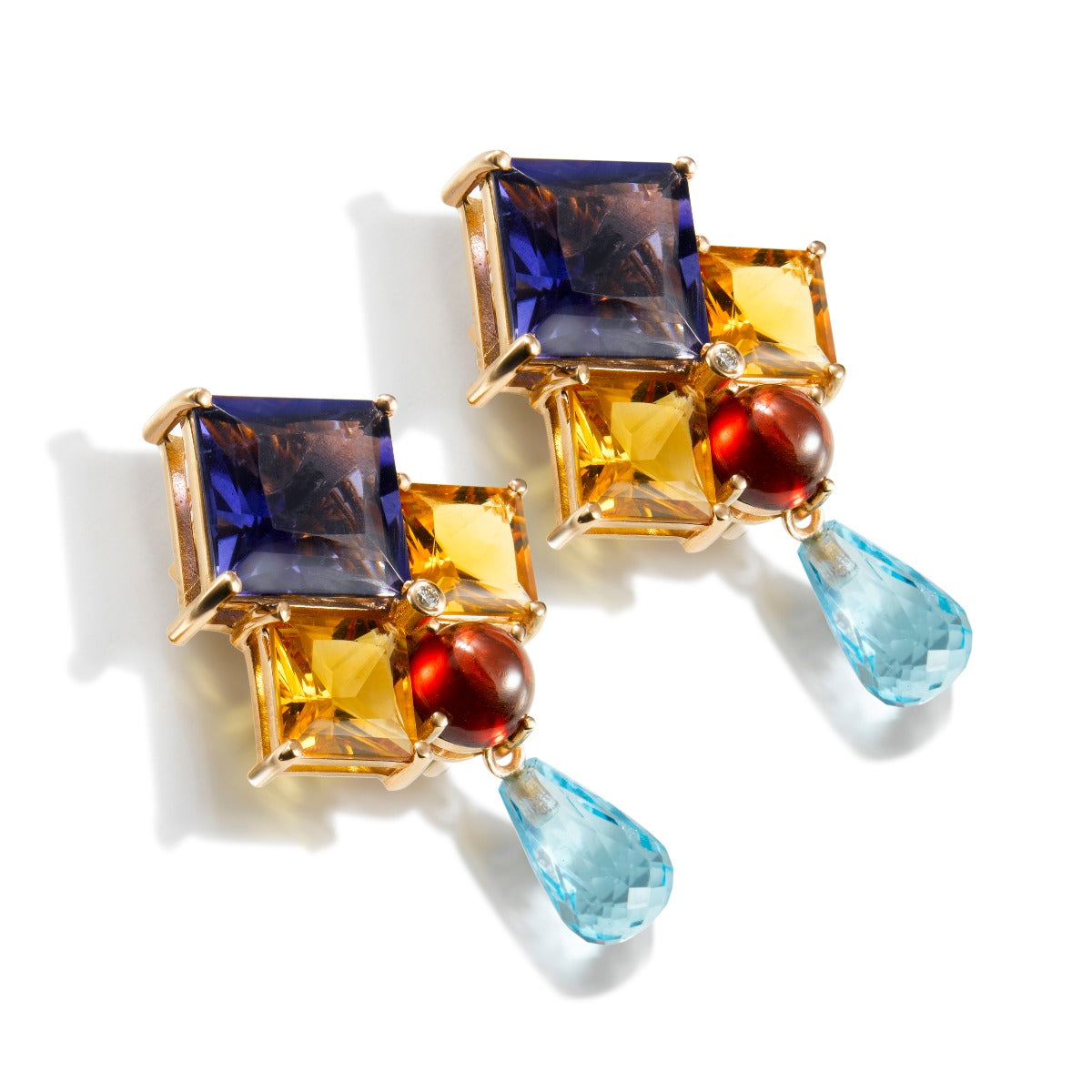 Pendientes largos GeometriCh de oro rosa con amatista, topacio, citrinos, granate y brillante
