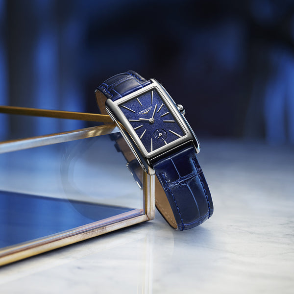 Longines DolceVita acero correa de cocodrilo azul