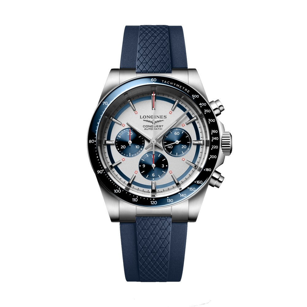 Longines Conquest Cronógrafo esfera blanca bisel correa azul 42mm