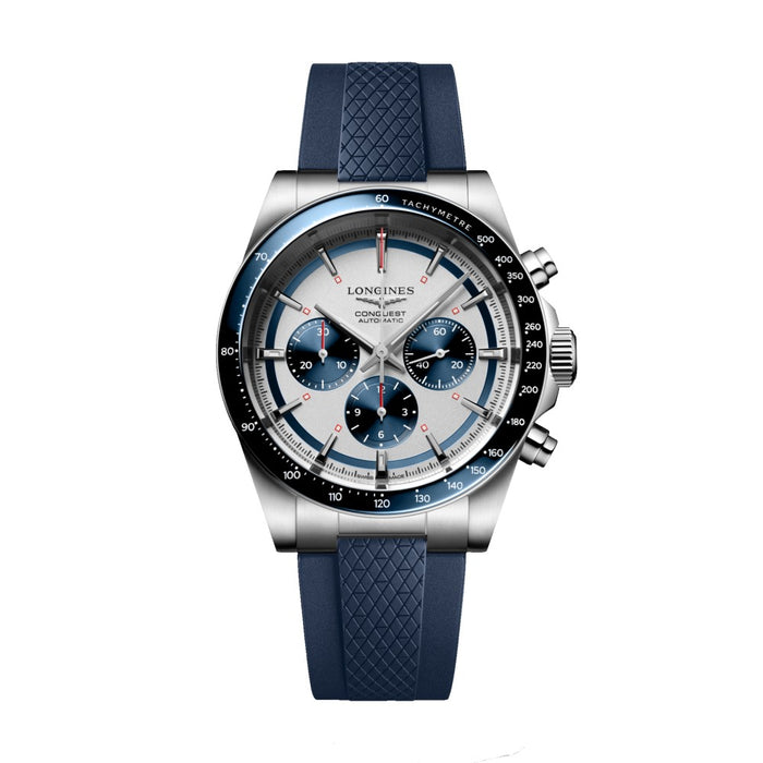 Longines Conquest Cronógrafo esfera blanca bisel correa azul 42mm