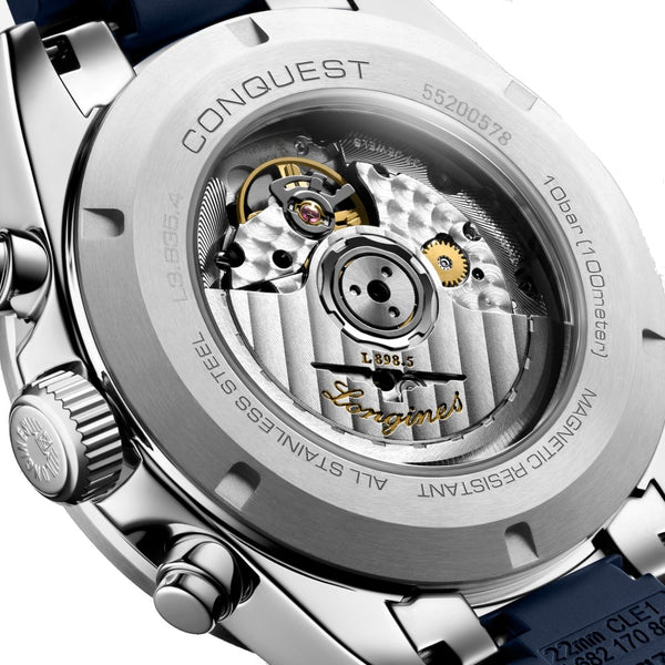Longines Conquest Cronógrafo esfera blanca bisel correa azul 42mm