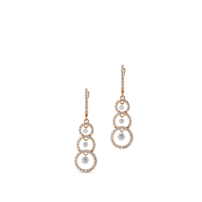 Pendientes largos de oro rosa con círculos de diamantes y diamantes al aire