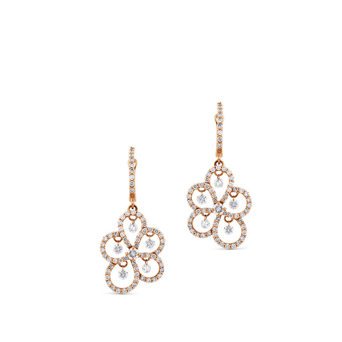 Pendientes largos de oro rosa con flor de lágrimas de pavé de diamantes y diamantes al aire