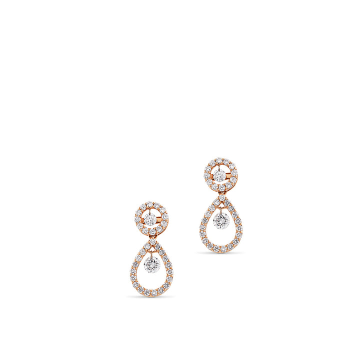 Pendientes largos de oro rosa con lágrima de diamantes y diamante al aire