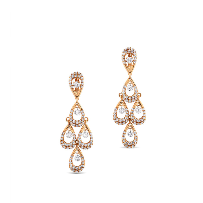 Pendientes largos de oro rosa con lágrimas de diamantes y diamantes al aire