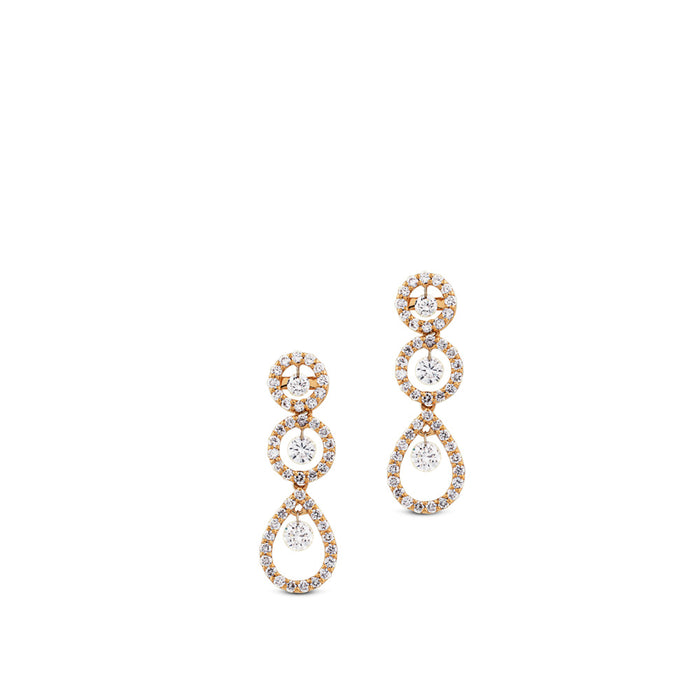 Pendientes largos de oro rosa con pavé de diamantes y diamantes al aire