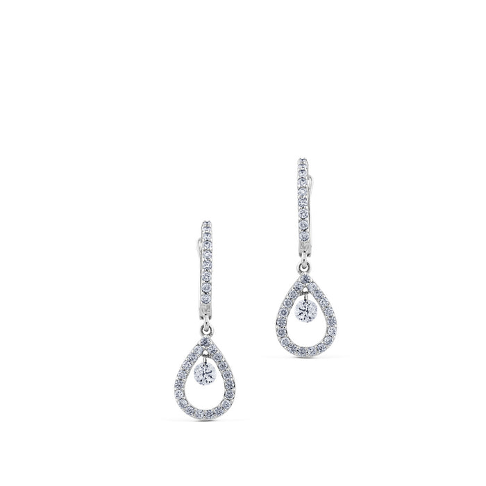 Pendientes de oro blanco con lágrima de pavé de diamantes y diamante al aire