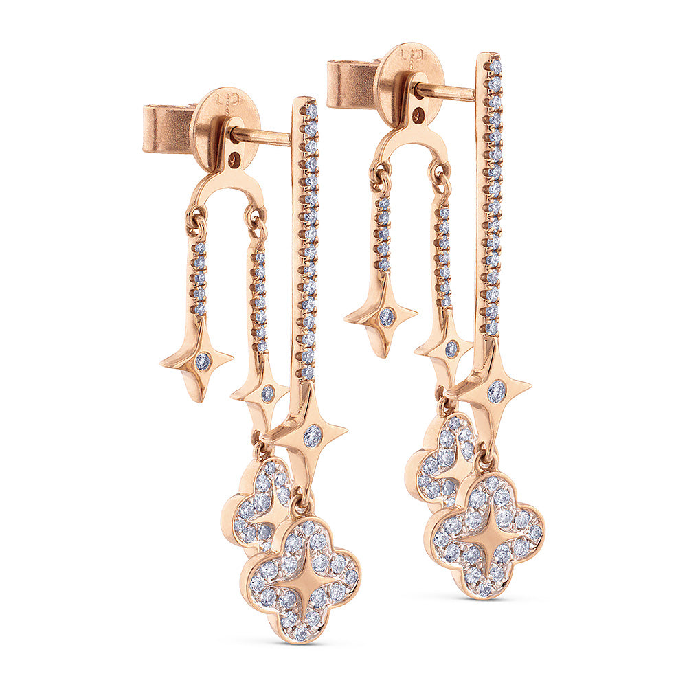 Pendientes largos 3 en 1 "Pensamiento" de oro rosa con diamantes