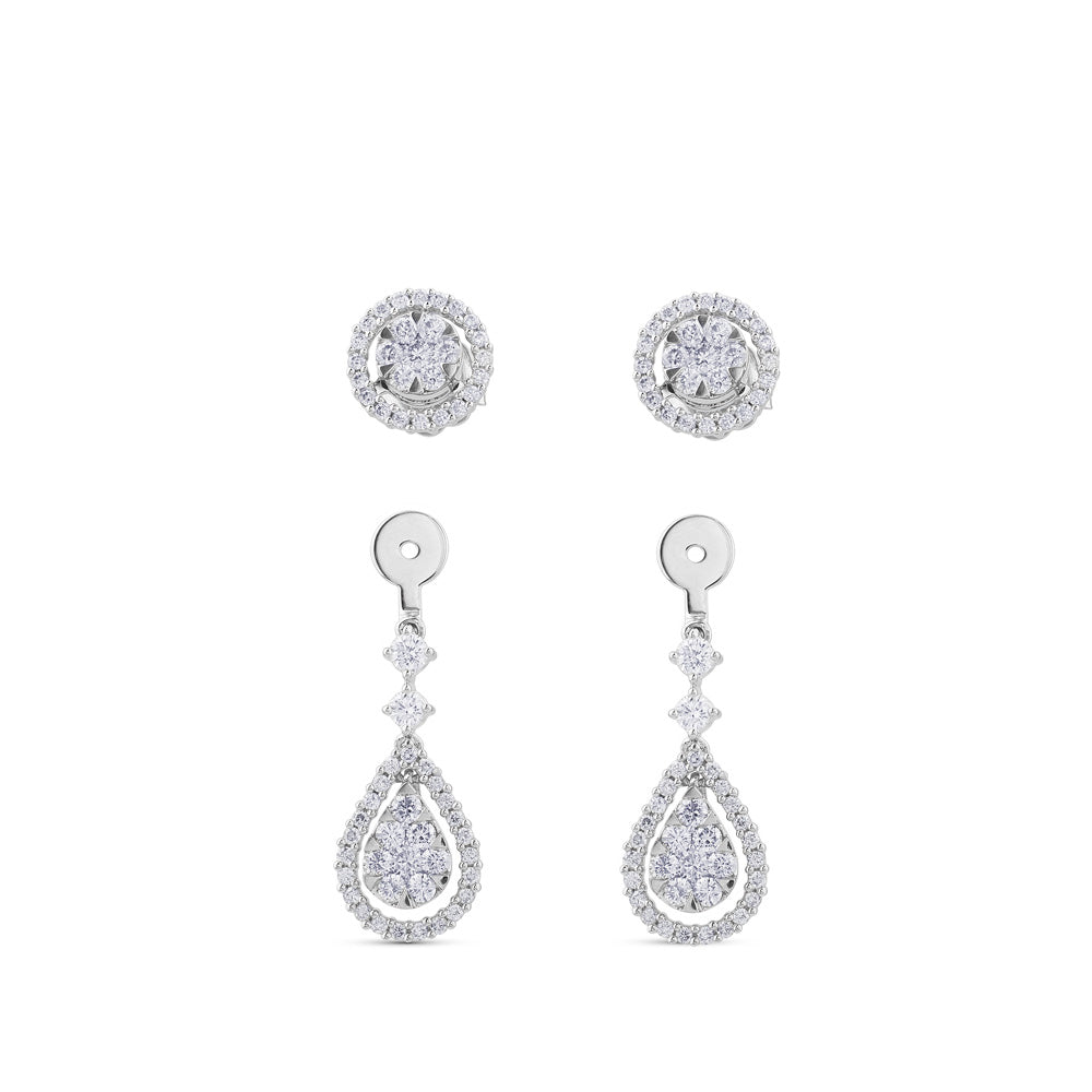 Pendientes largos de oro blanco desmontables con lágrima de pavé de diamantes