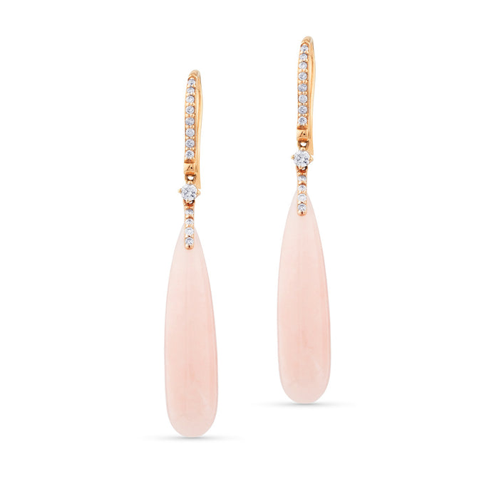 Pendientes largos de oro rosa con diamantes y ópalo rosa en perilla