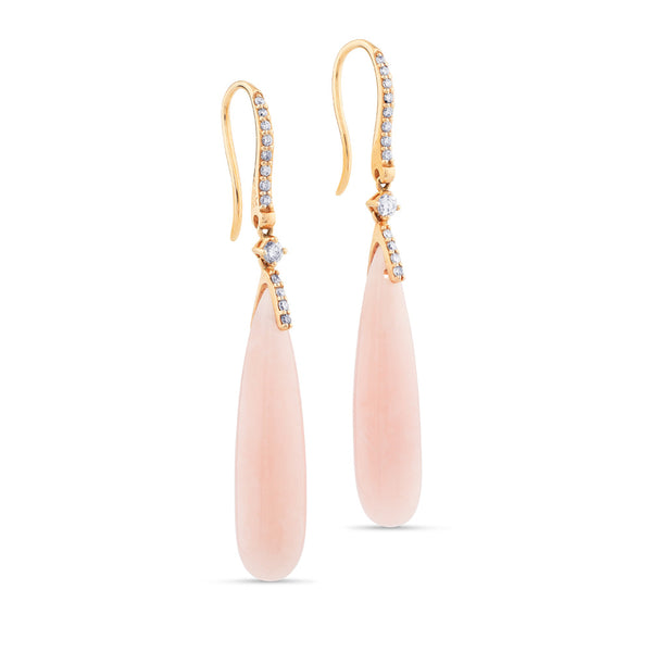 Pendientes largos de oro rosa con diamantes y ópalo rosa en perilla