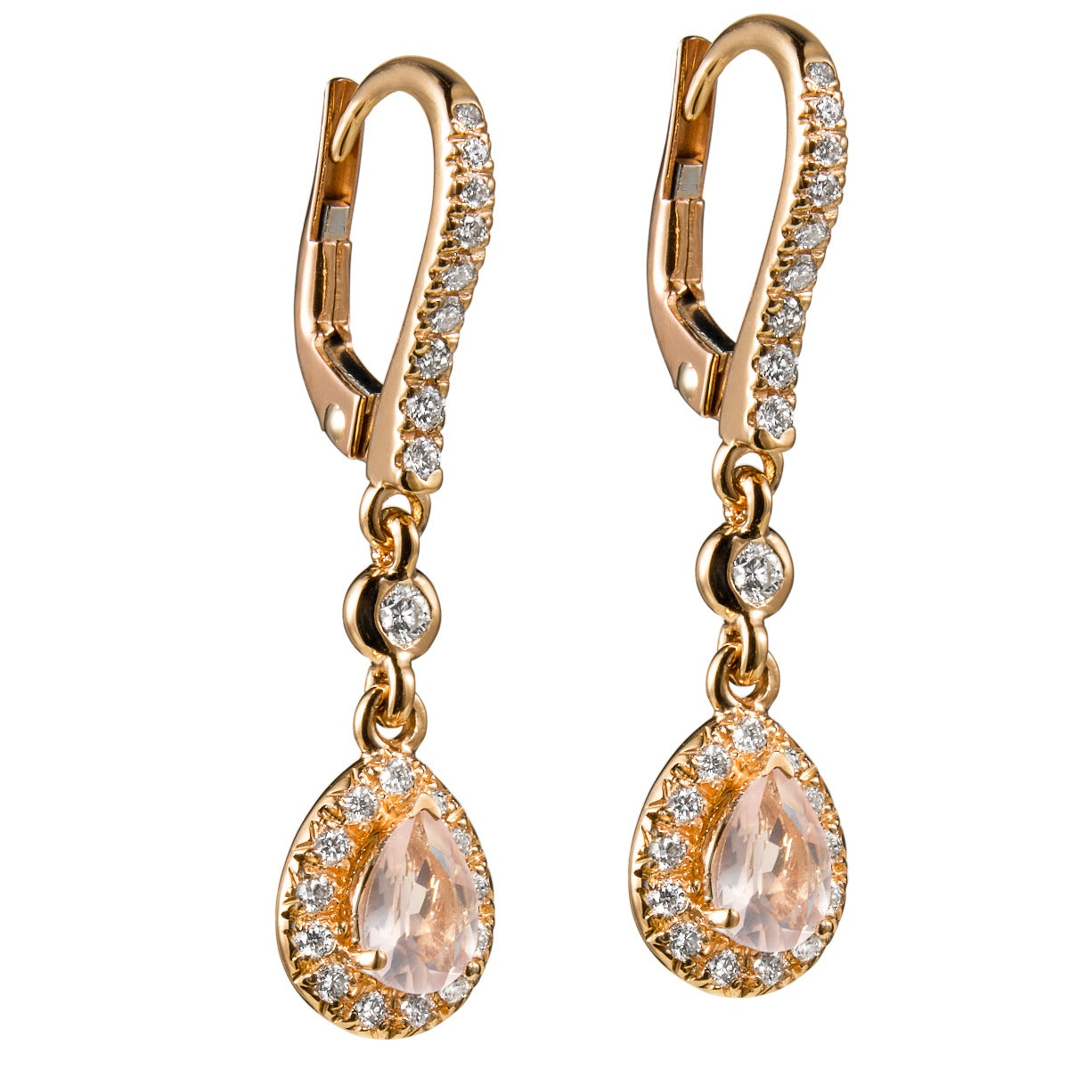 Pendientes_Caramelo_oro_rosa_cuarzos_rosas_orla_diamantes_vista_latreral_Ref_J5694PB
