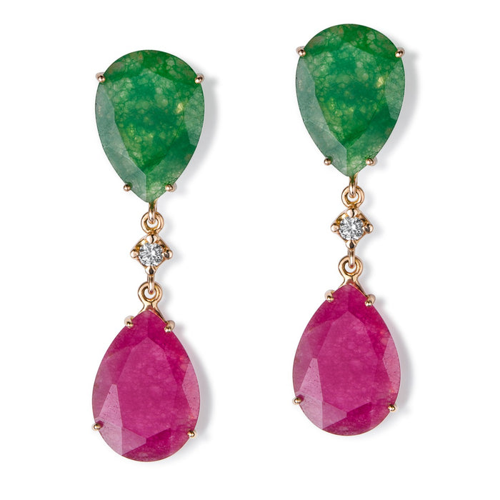 Pendientes_largos_oro_rosa_cuarzo_morado_verde_diamante_ Ref J5424PB_Chocrón Joyeros