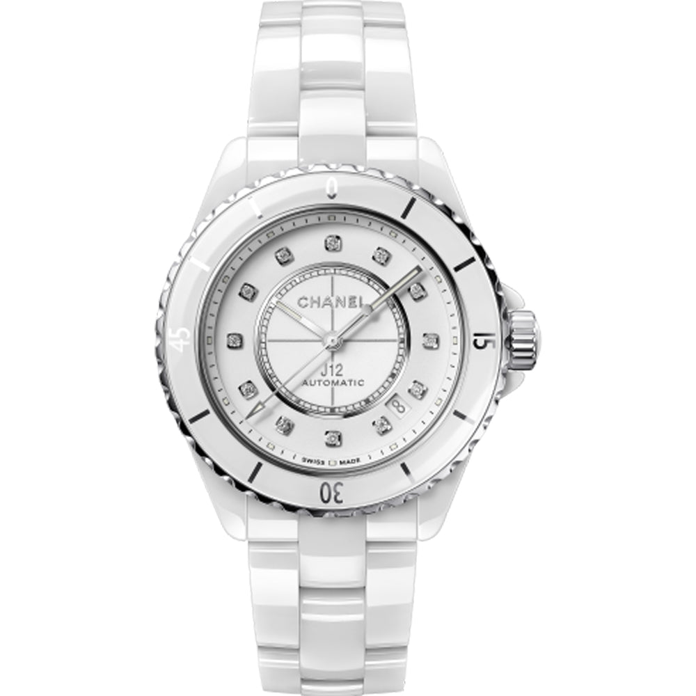 Chanel J12 ceramica blanca, acero, esfera blanca, diamantes