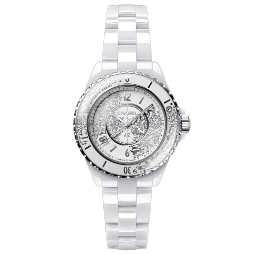 CHANEL J12-20 Cerámica blanca y acero, decoración chapada en rodio