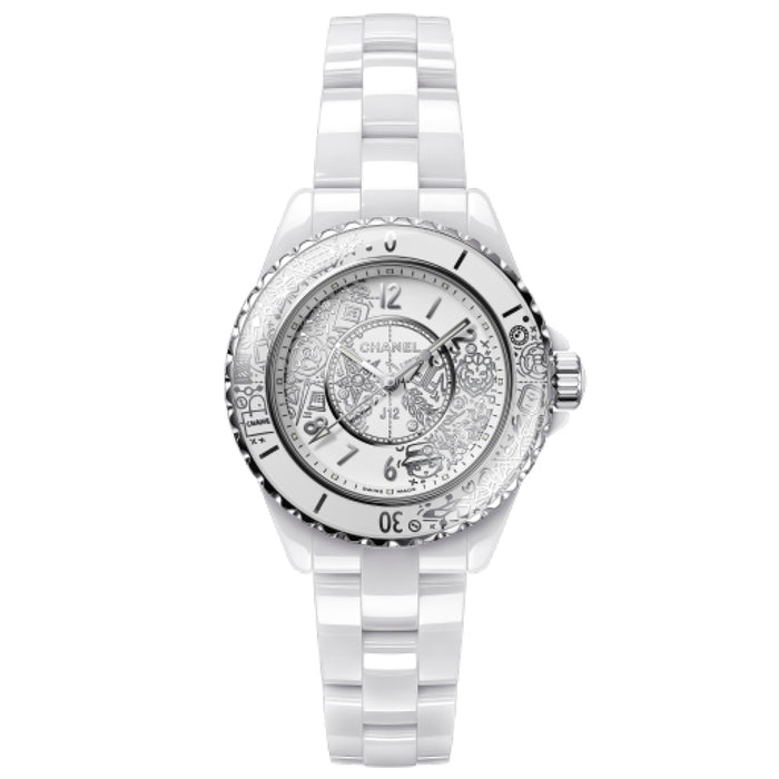 CHANEL J12-20 Cerámica blanca y acero, decoración chapada en rodio