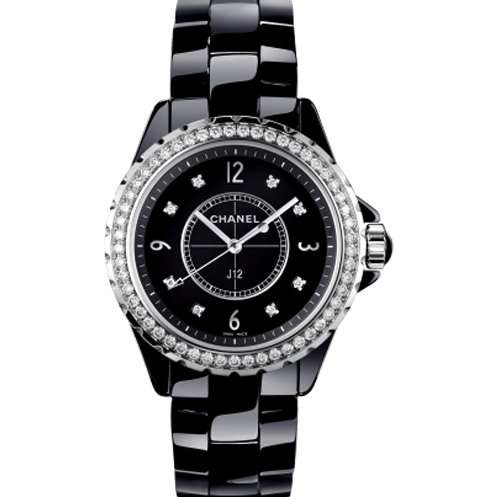Chanel J12 ceramica negra, acero, indices y bisel de diamantes y