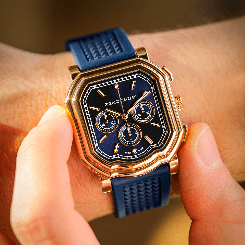 reloj Gerald charles Maestro crono oro y azul_caso uso_GC3.0-RG-01_Chocrón Joyeros