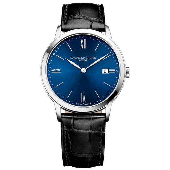 Baume et Mercier caja de acero de 40mm, esfera azul y calendario