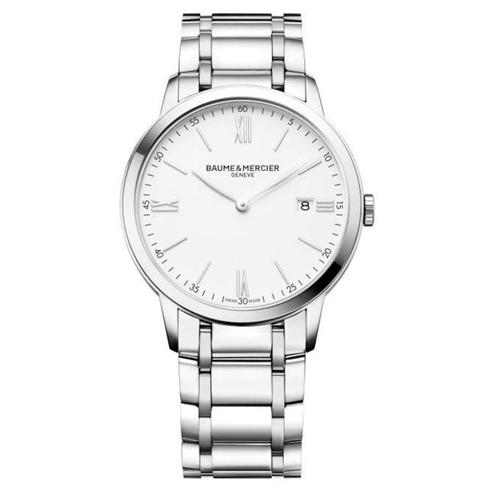 Baume et Mercier Classima caja de acero de 40mm, esfera blanca y calendario a las 3h