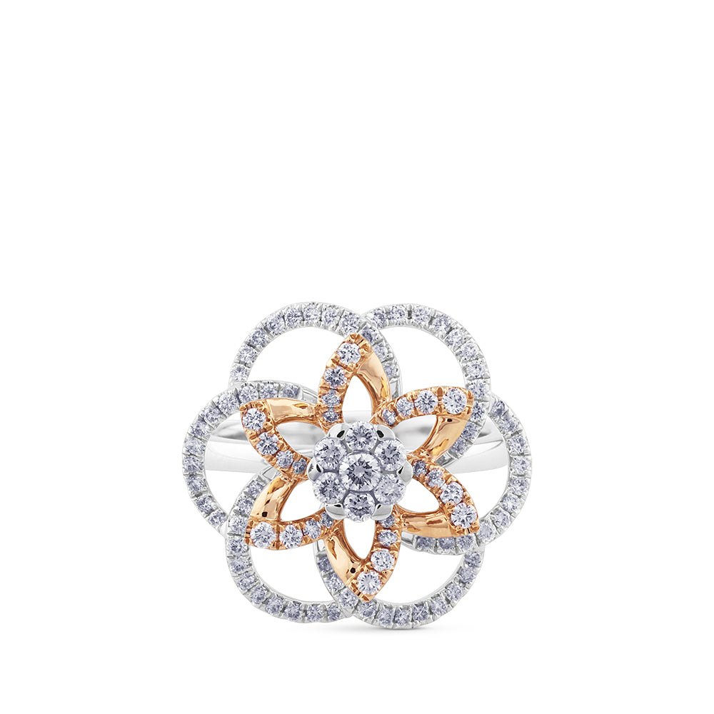 Sortija "Hypnose" con flor de oro blanco y oro rosa con diamantes