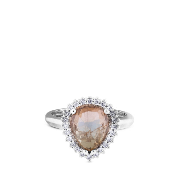 Sortija "Caramelo" de oro blanco con cuarzo citrino talla pera y brillantes