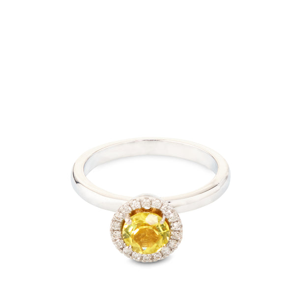 Sortija de oro blanco con diamantes y cuarzo limón en altura