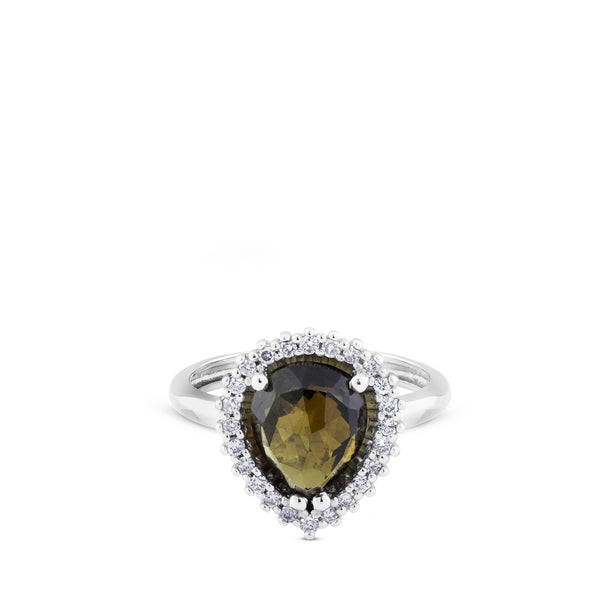 Sortija "Caramelo" de oro blanco con cuarzo verde talla pera y brillantes