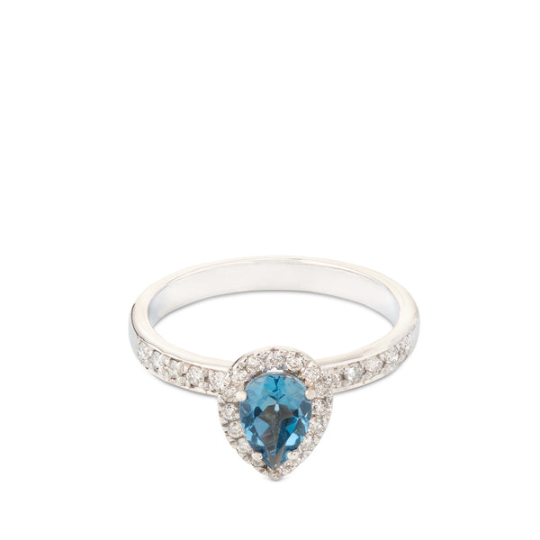 Sortija de oro blanco con diamantes y topacio azul talla pera