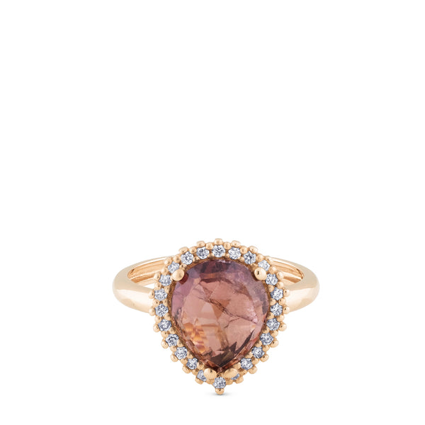 Sortija "Caramelo" de oro rosa con amatista talla pera y brillantes