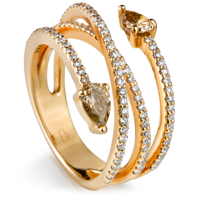 Sortija "Spiral" de oro rosa con diamantes y dos diamantes brown talla pera