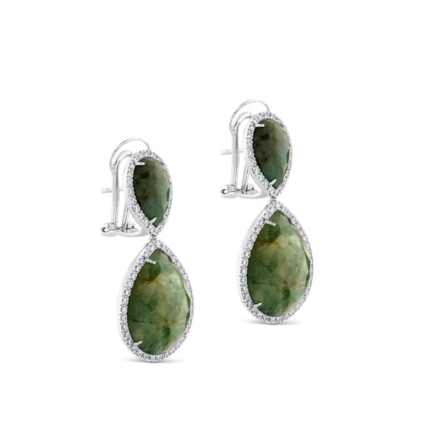 Pendientes de oro blanco con doble esmeralda talla pera y pavé de diamantes