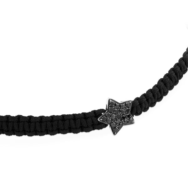 Pulsera de cordón negro con estrella de oro blanco y diamantes negros